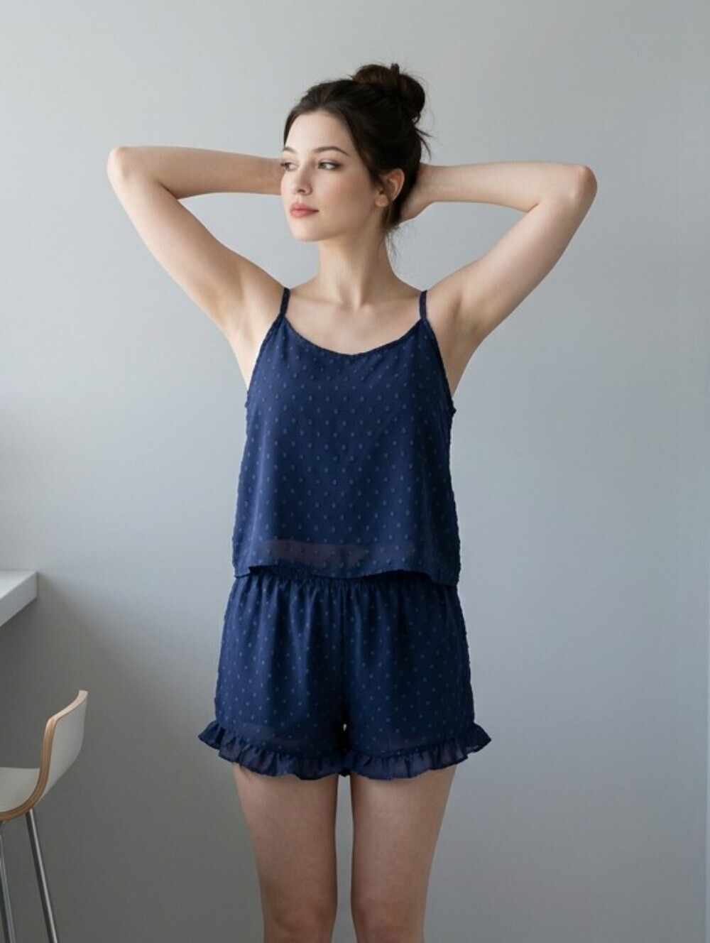 Women's Navy Blue Chiffon Cami and Short Pajamas Set Large Loungewear Summer